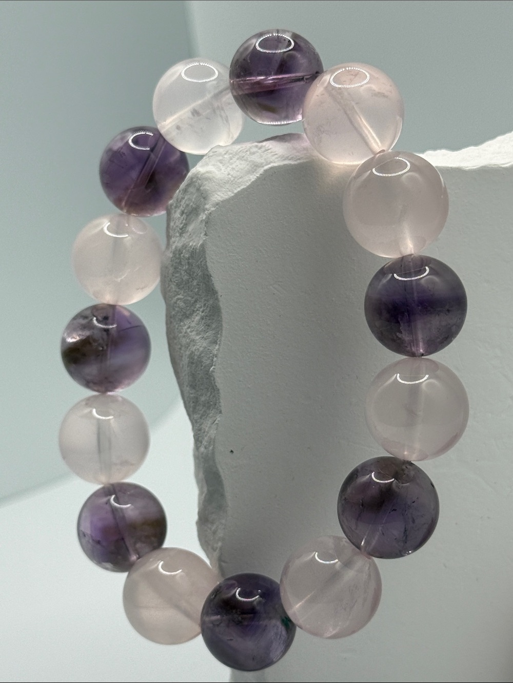 Amethyst & Rose Quartz Beaded Stretch Bracelet - Purple and Pink - Picture 2 of 7